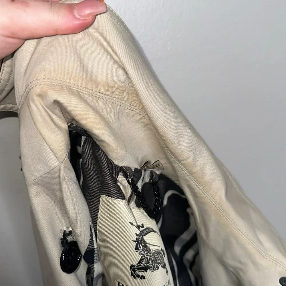 Burberry Patent Leather Sleeve Gabardine Trench Coat Black Tan US 4 - Picture 11 of 12